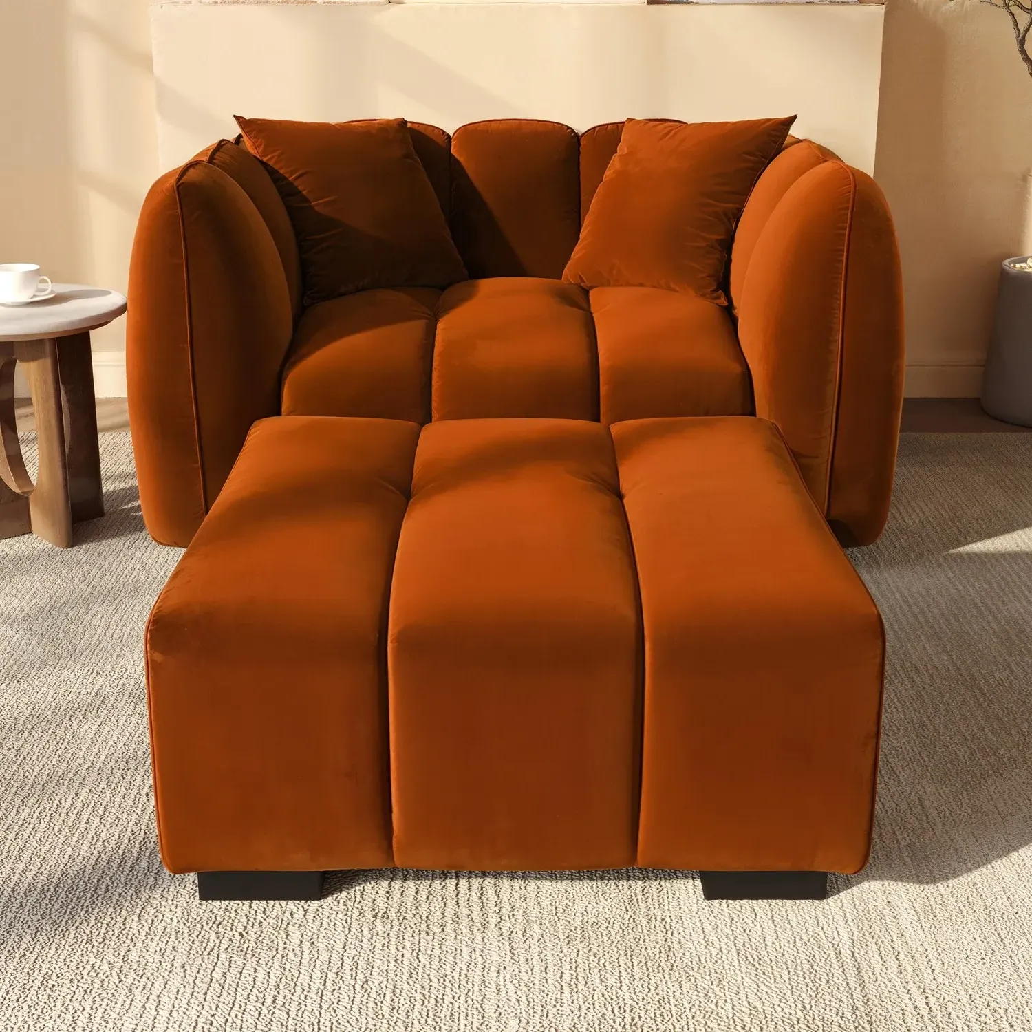 Square Footstool with Tufting - Orange, Velvet