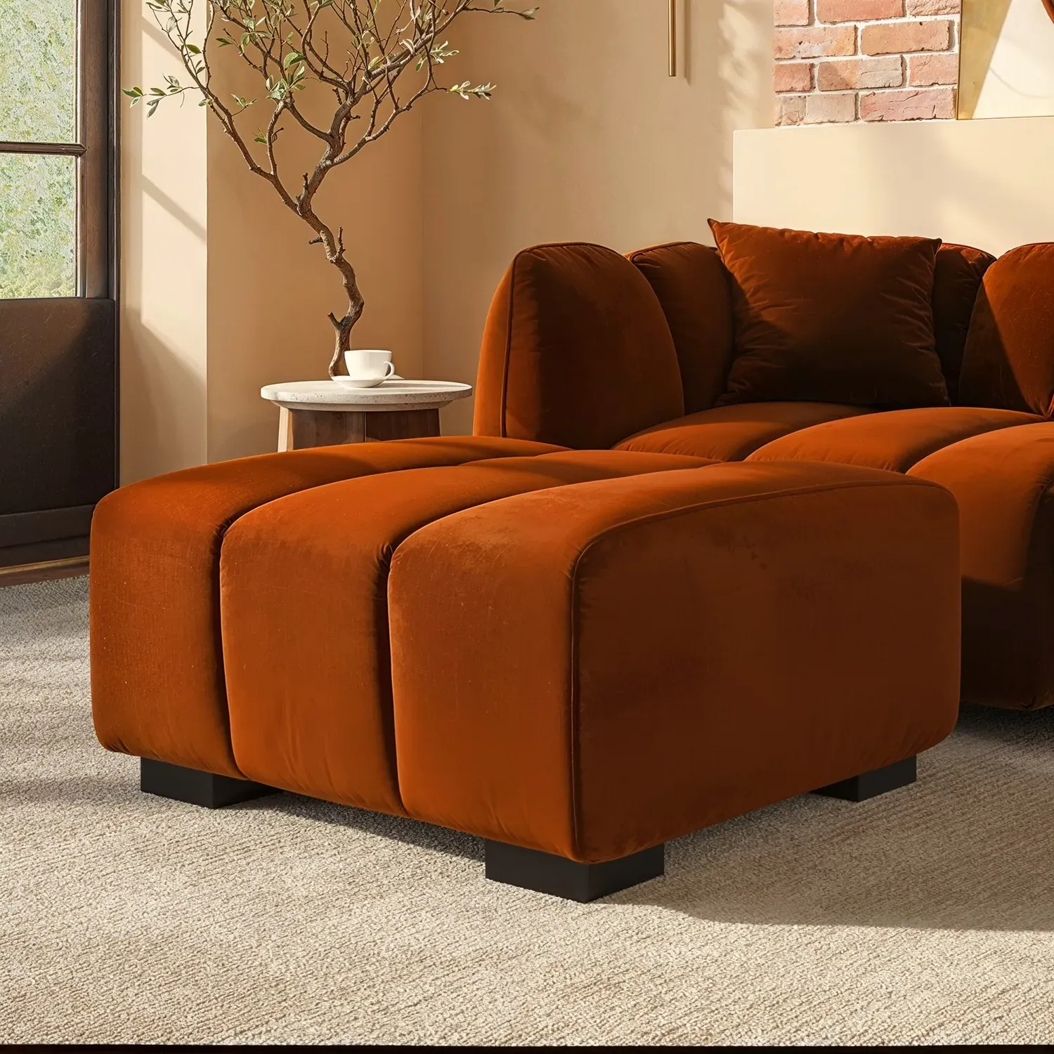 Square Footstool with Tufting - Orange, Velvet image