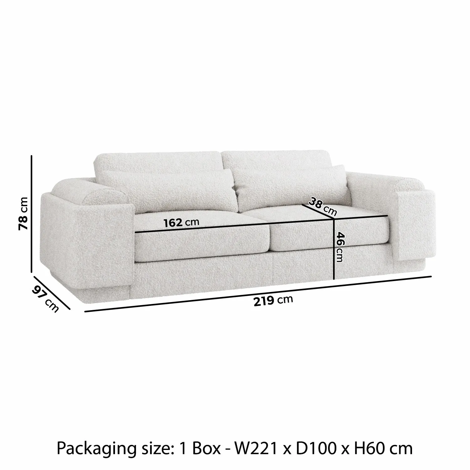 3-Seater Curved Sofa with Cushions - Cream, Boucle