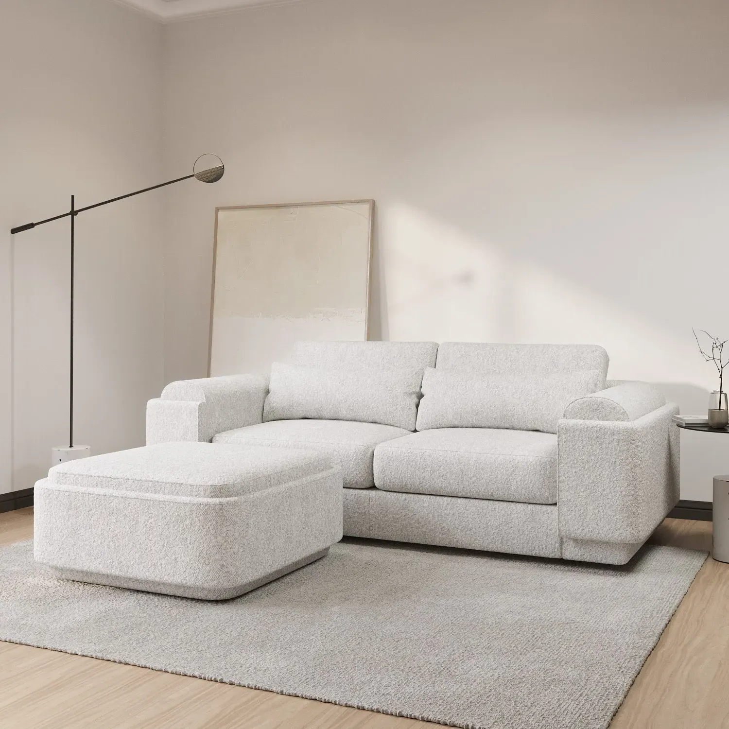 3-Seater Sofa with Storage Footstool - Cream, Boucle image