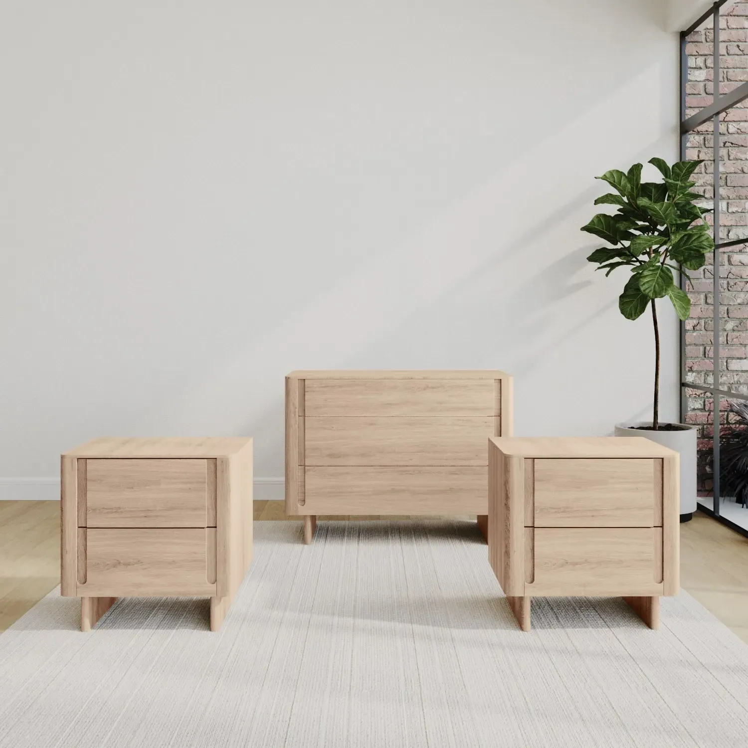 3-Piece Bedroom Set with Storage - Light Wood