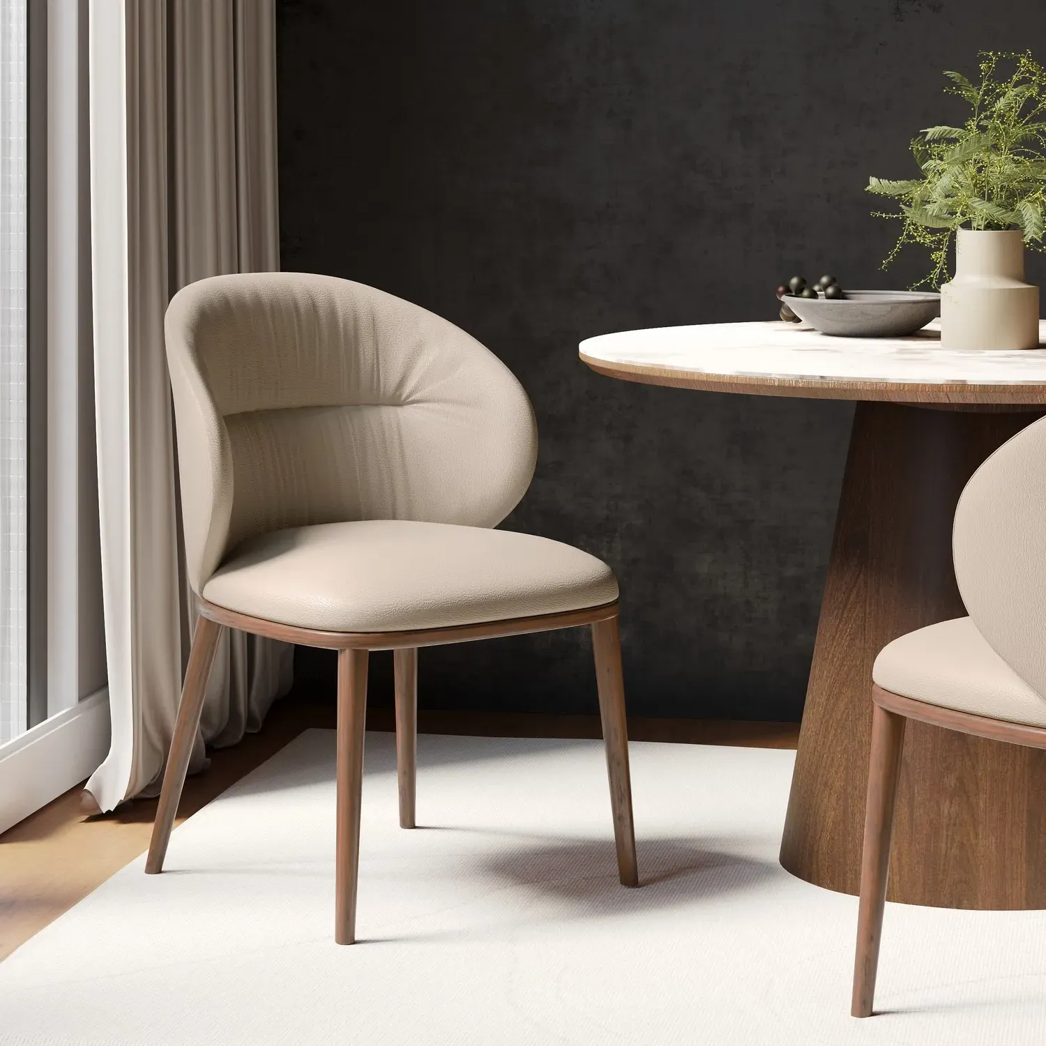 Dining Chair with Ruched Back - Beige, Leather image