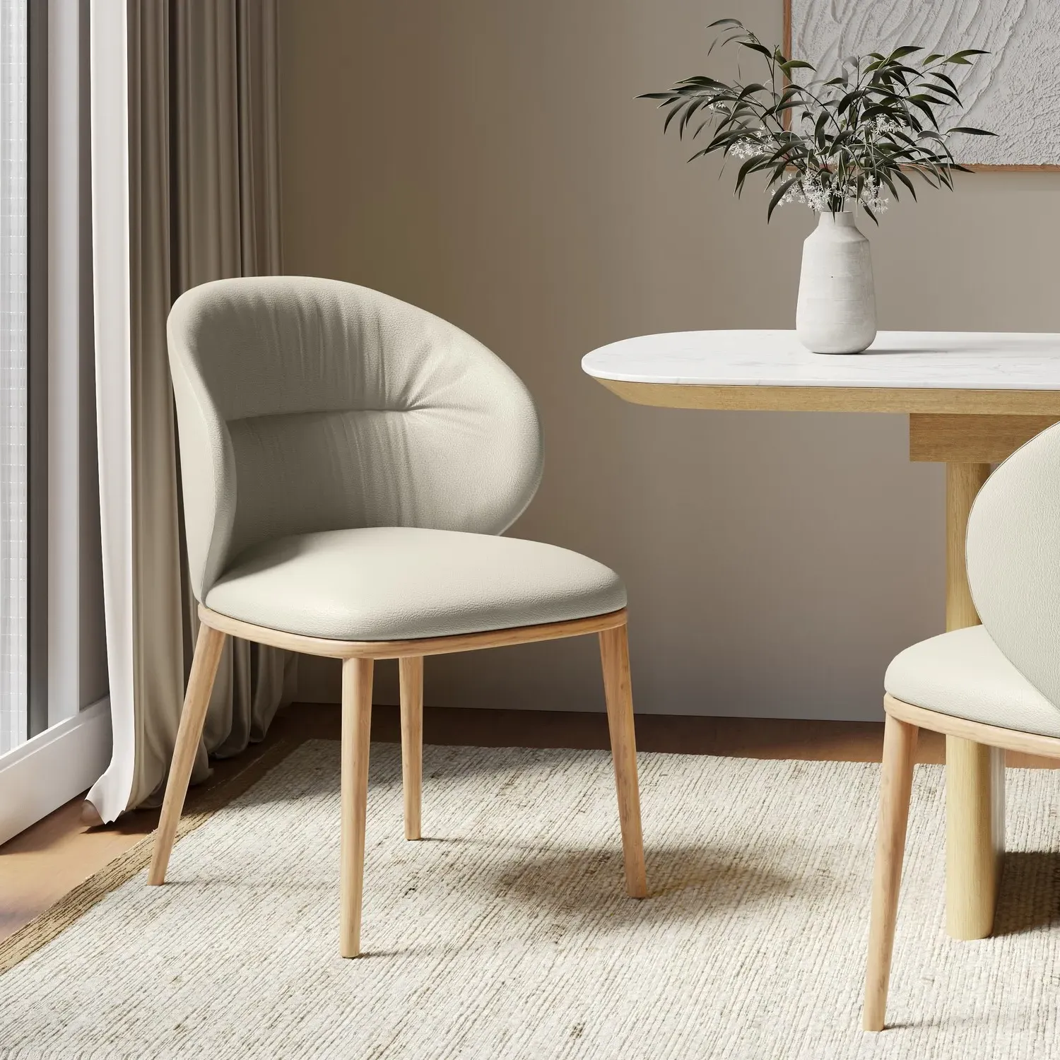 Dining Chair with Ruched Back - Cream, Leather image