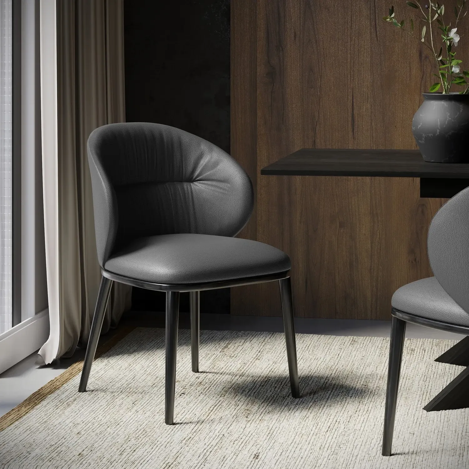Dining Chair with Ruched Back - Grey, Leather image
