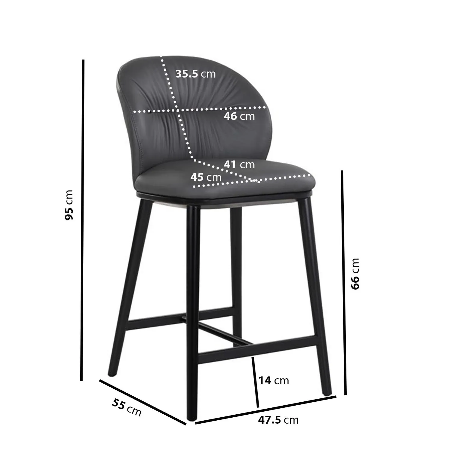 Kitchen Stool with Black Legs - Grey, Real Leather