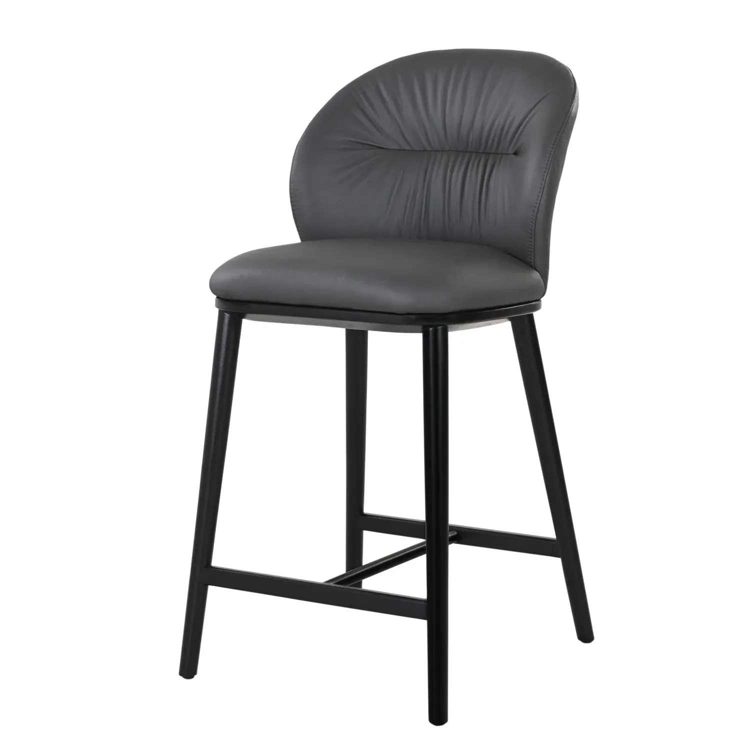 Kitchen Stool with Black Legs - Grey, Real Leather