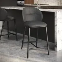 Kitchen Stool with Black Legs - Grey, Real Leather