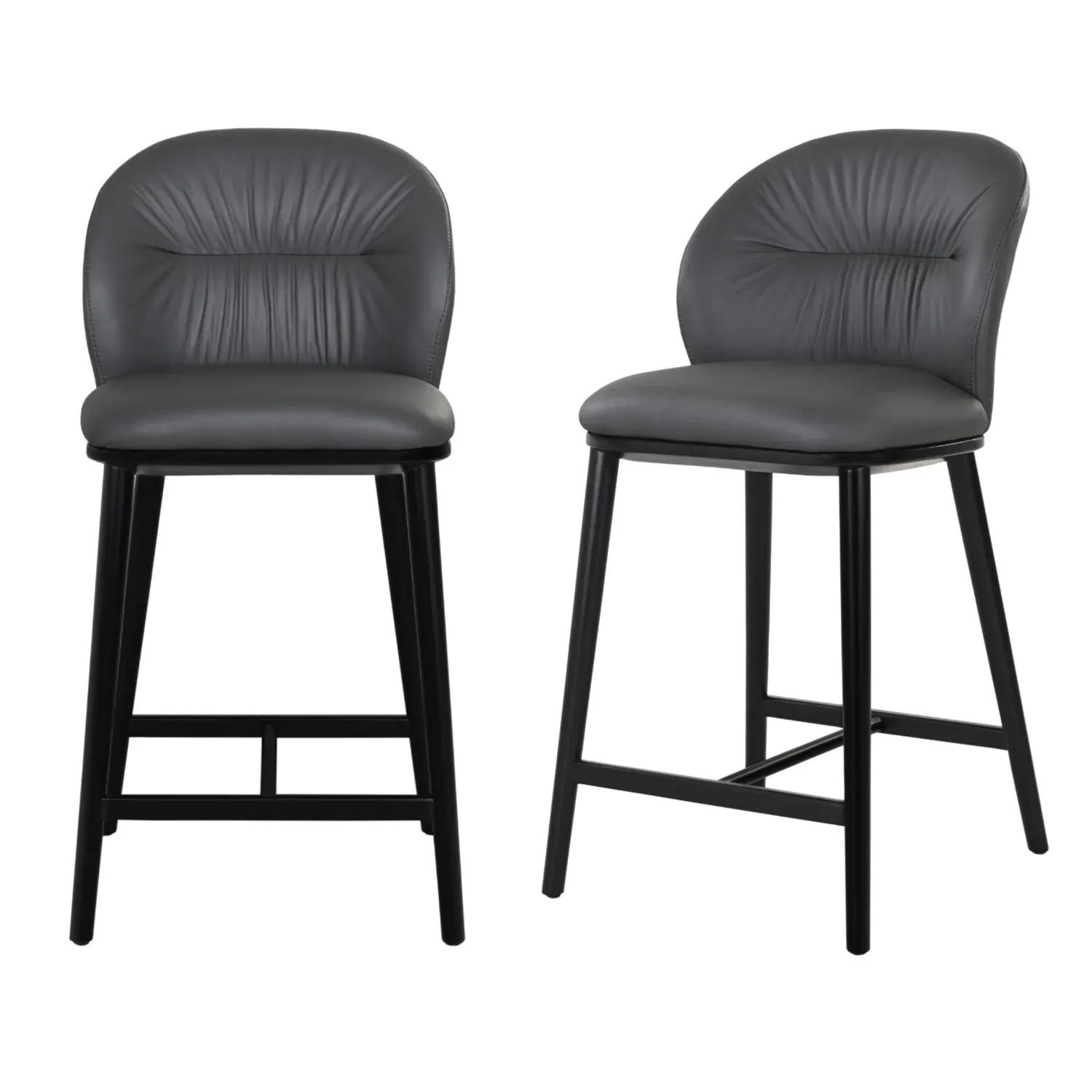 Set of 2 Kitchen Stools - Grey, Real Leather