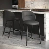 Set of 2 Kitchen Stools - Grey, Real Leather