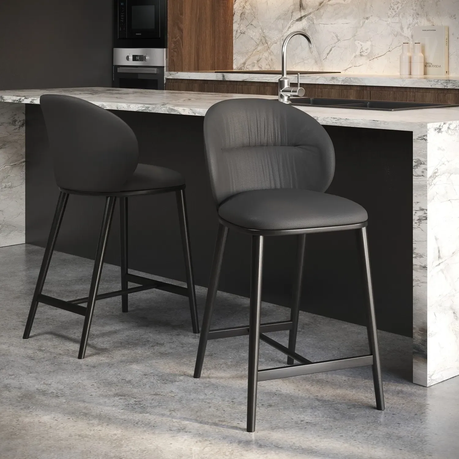 Set of 2 Kitchen Stools - Grey, Real Leather image