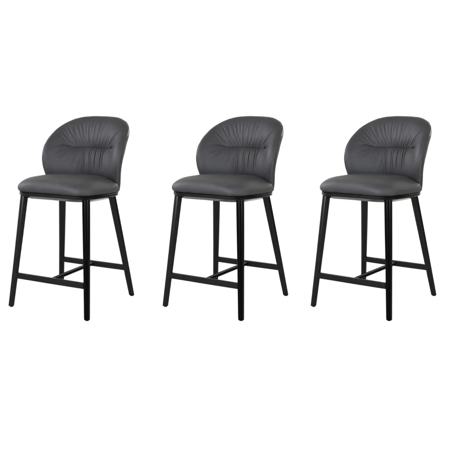 Set of 3 Kitchen Stools - Grey, Real Leather