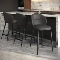 Set of 3 Kitchen Stools - Grey, Real Leather