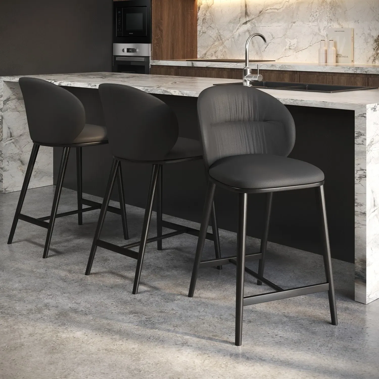 Set of 3 Kitchen Stools - Grey, Real Leather