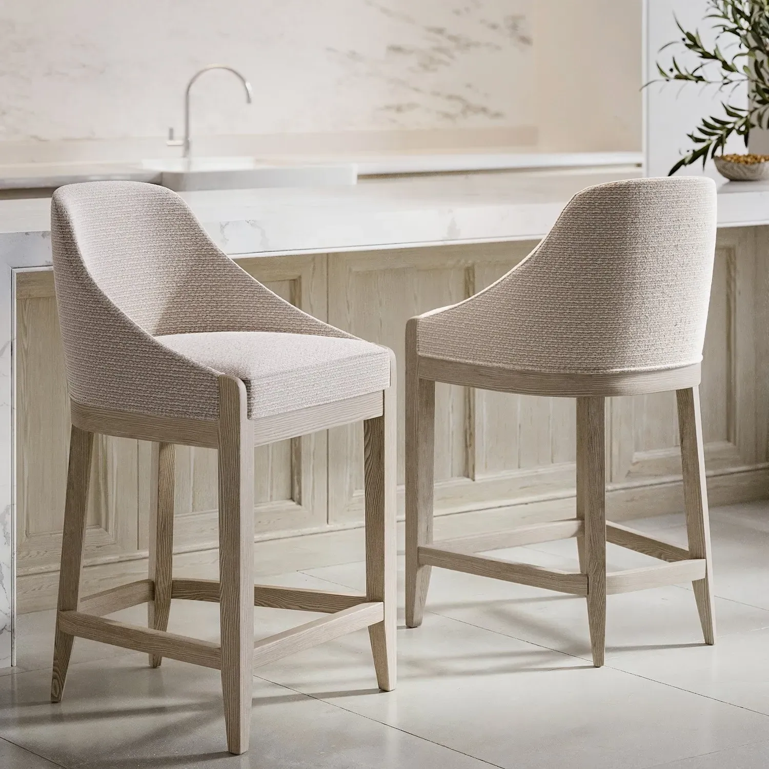 Set of 2 Counter Stools with Back - Beige, Fabric