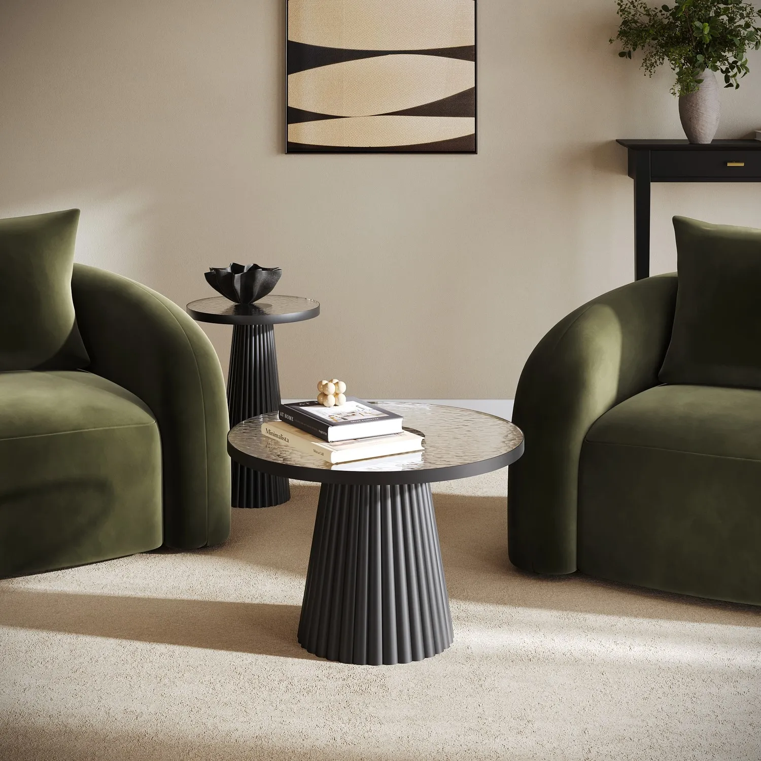 Round Nest of 2 Tables - Black, Cast Glass