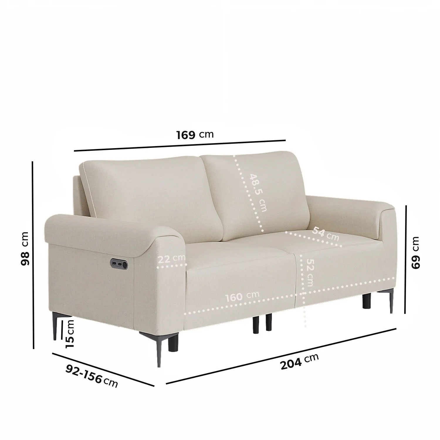 3-Seater Electric Recliner Sofa - Beige, Fabric