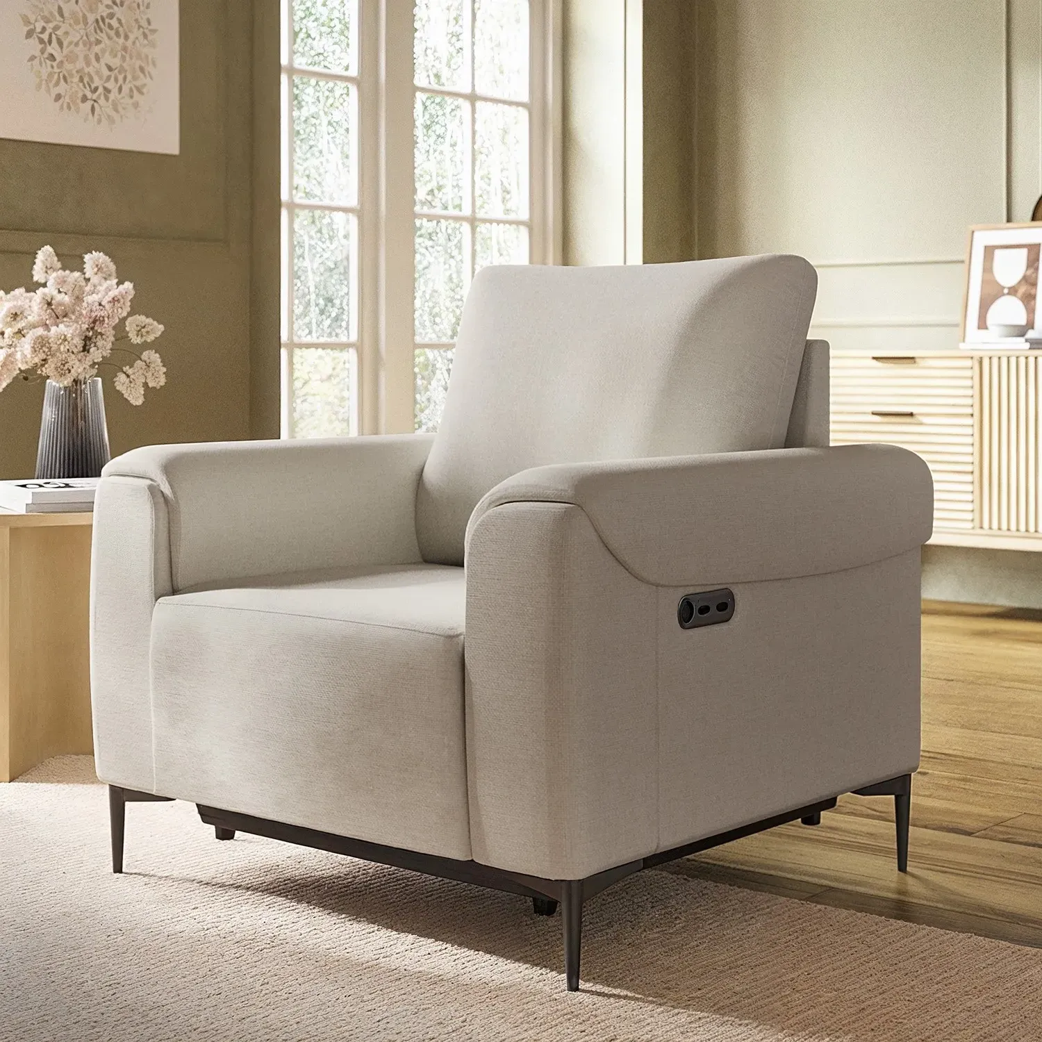 Electric Recliner Chair with Footrest - Beige, Fabric