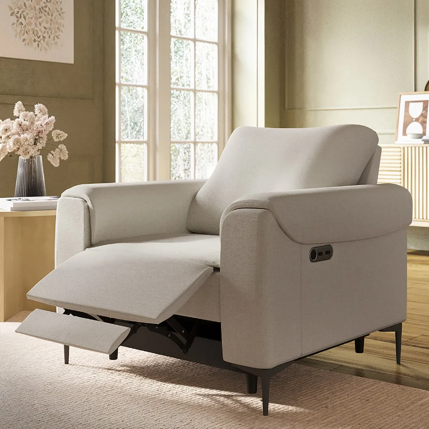 Electric Recliner Chair with Footrest - Beige, Fabric image