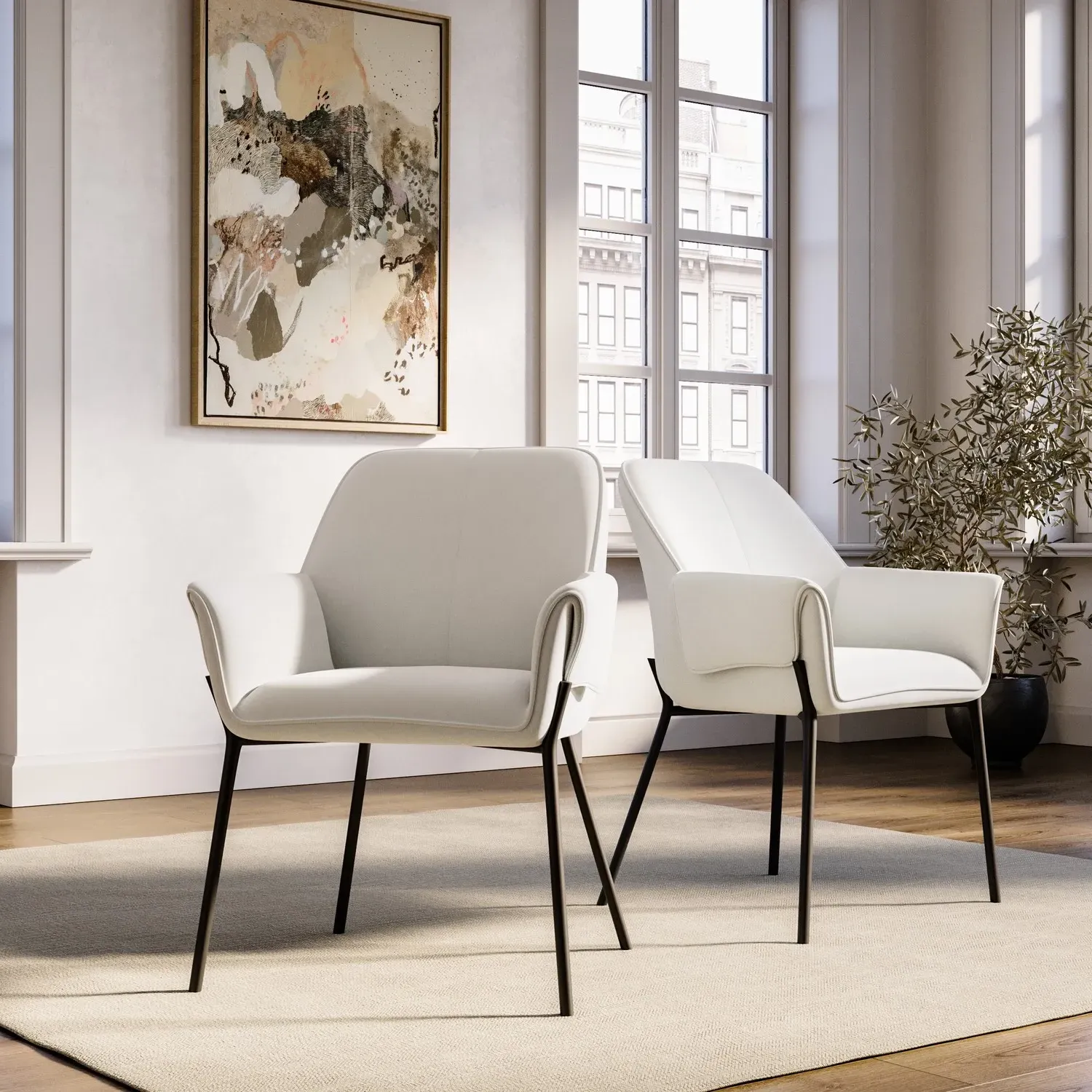 Set of 2 Dining Chairs with Arms - Cream, Fabric image