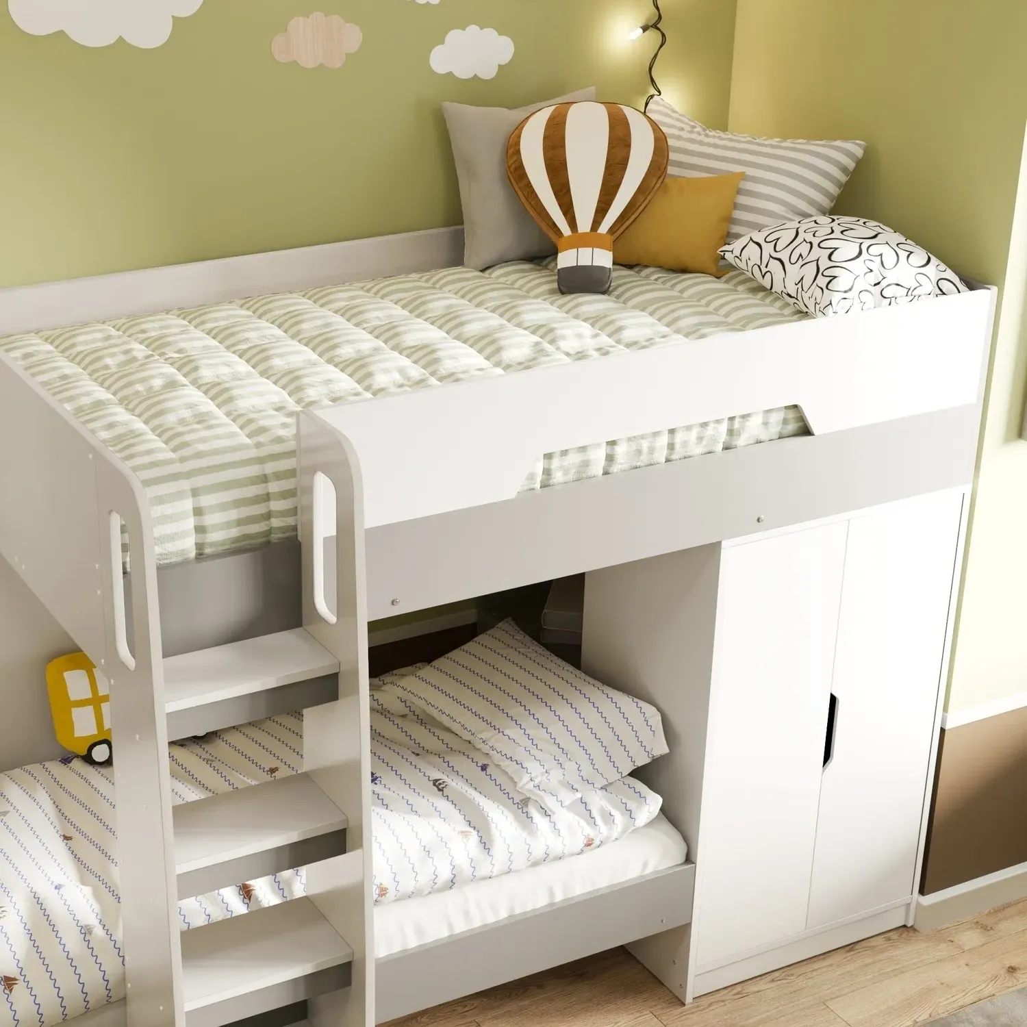 Bunk Bed with Wardrobe Storage - White, Grey