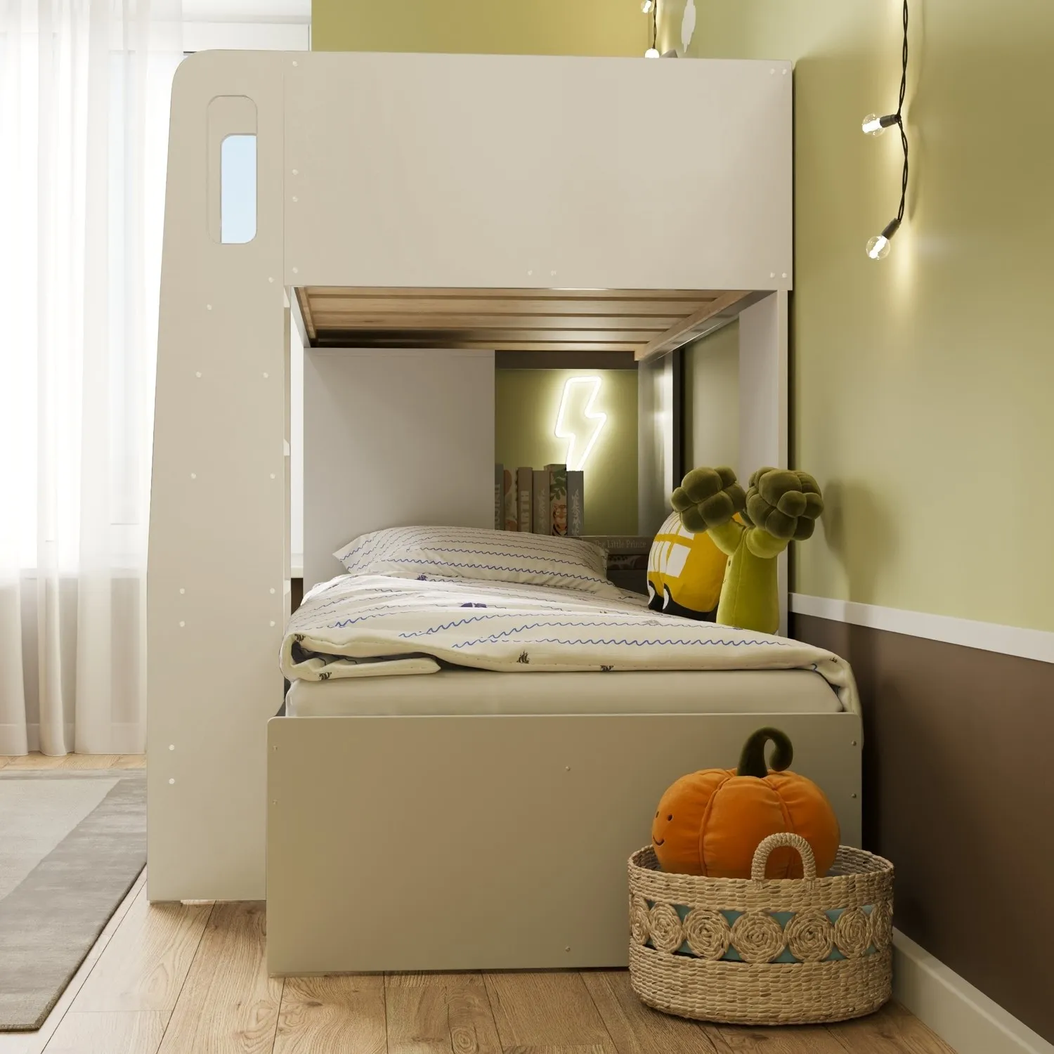 Bunk Bed with Wardrobe Storage - White, Grey