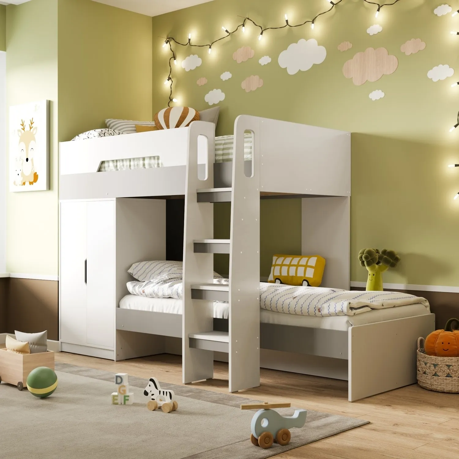Bunk Bed with Wardrobe Storage - White, Grey