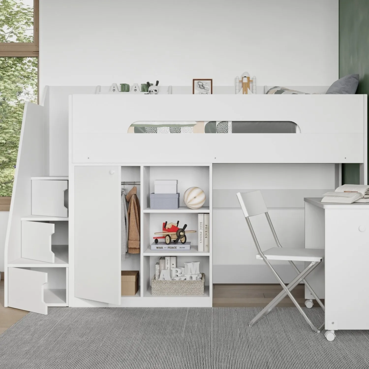 High Sleeper Bed with Desk & Storage - White, MDF