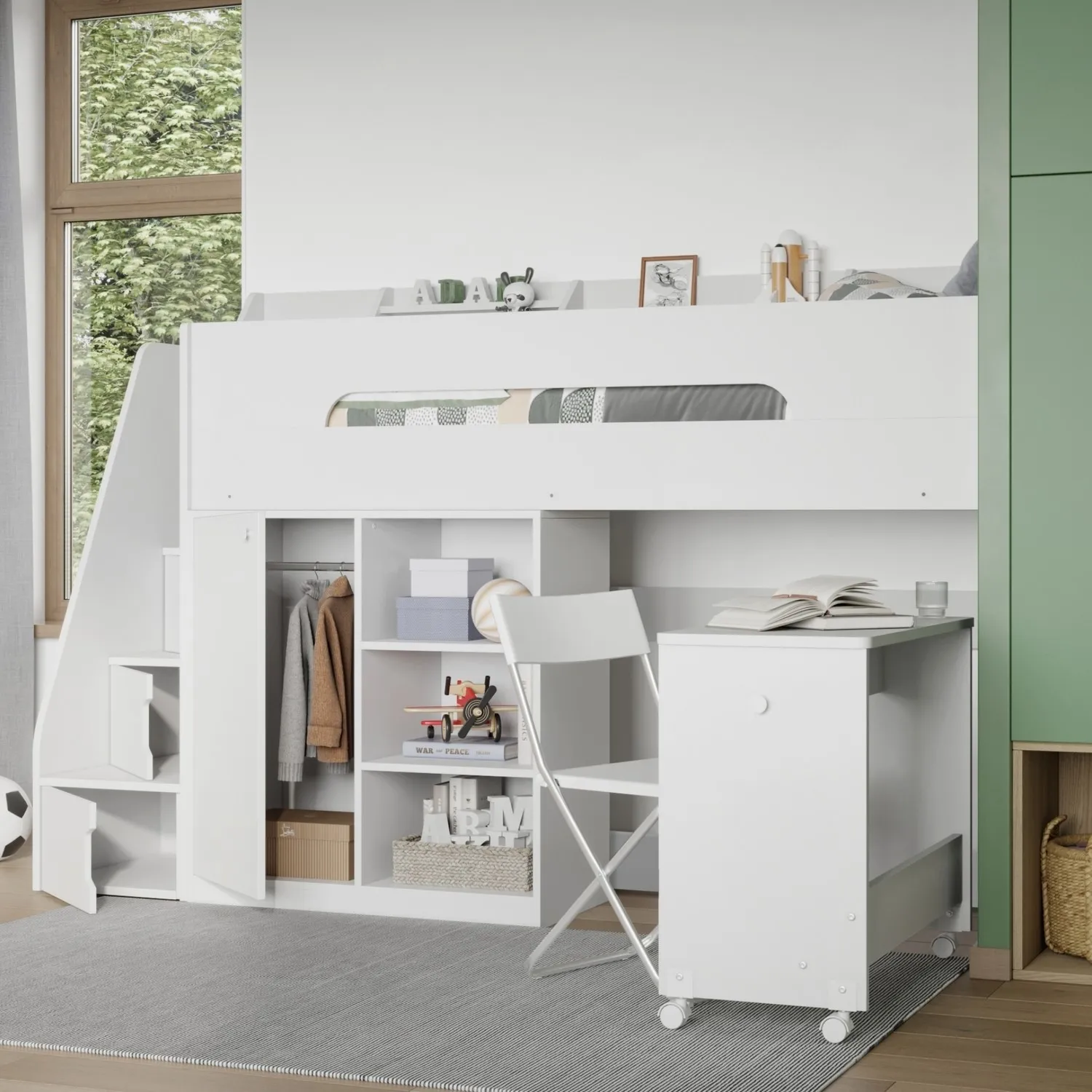 High Sleeper Bed with Desk & Storage - White, MDF