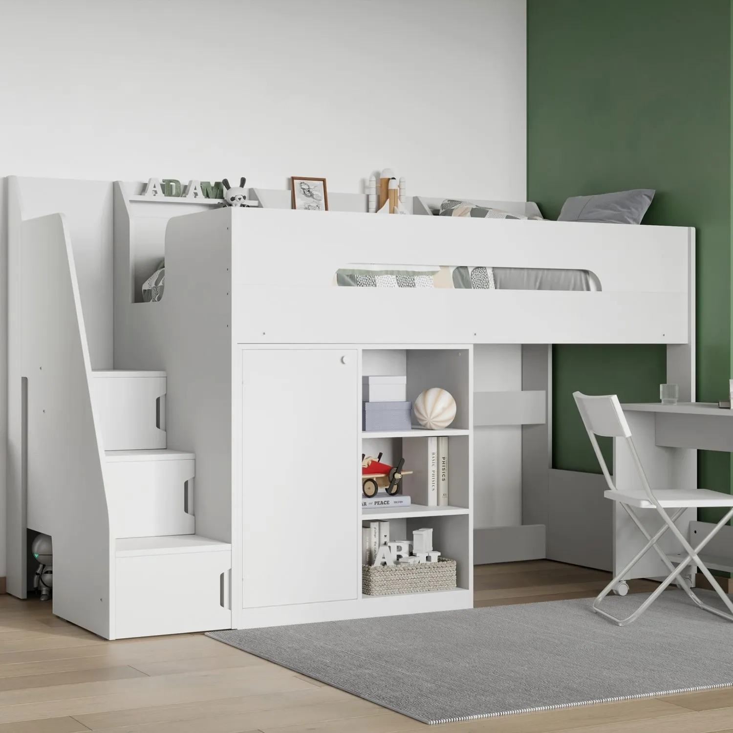 High Sleeper Bed with Desk & Storage - White, MDF
