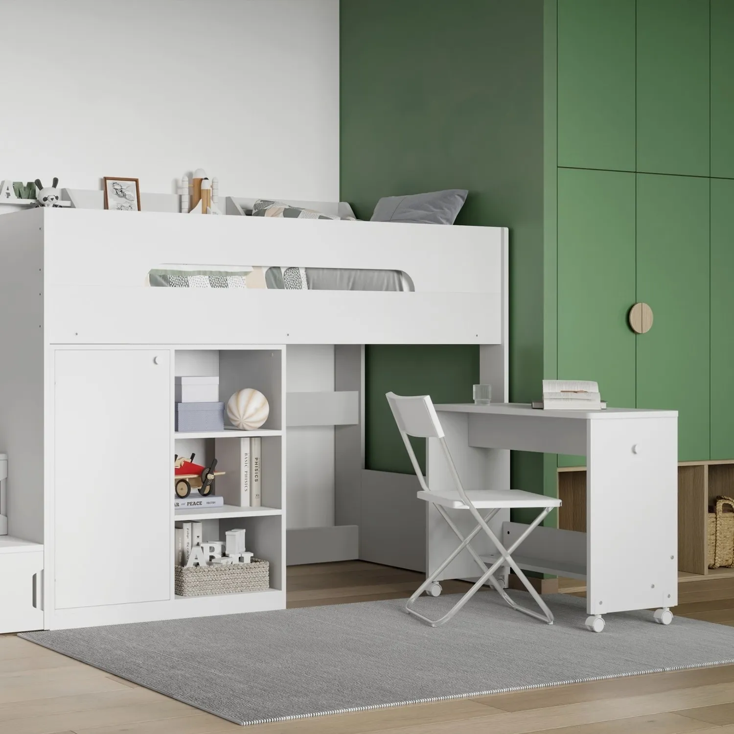 High Sleeper Bed with Desk & Storage - White, MDF