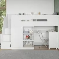 High Sleeper Bed with Desk & Storage - White, MDF
