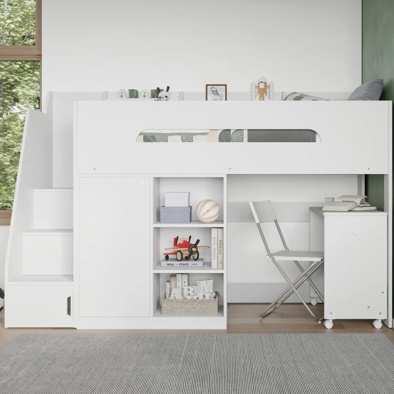 High Sleeper Bed with Desk & Storage - White, MDF