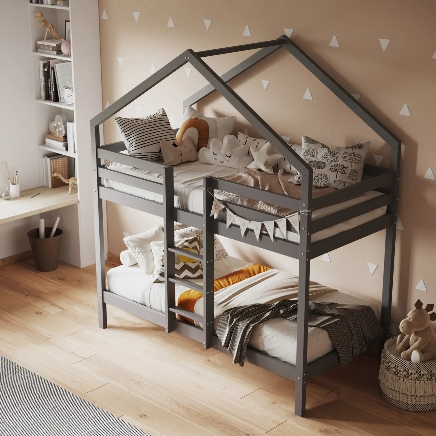 House Bunk Bed with Peaked Roof - Grey, Pine