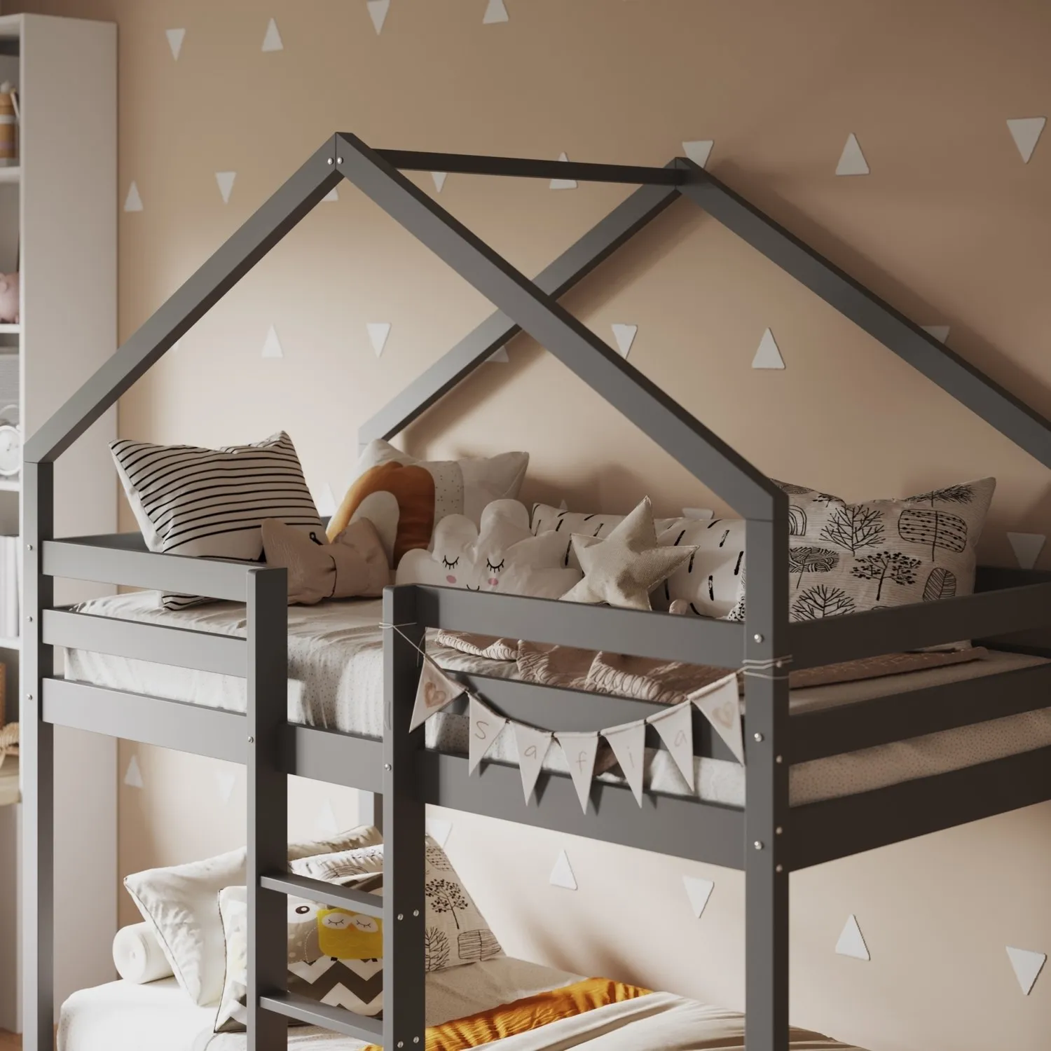 House Bunk Bed with Peaked Roof - Grey, Pine
