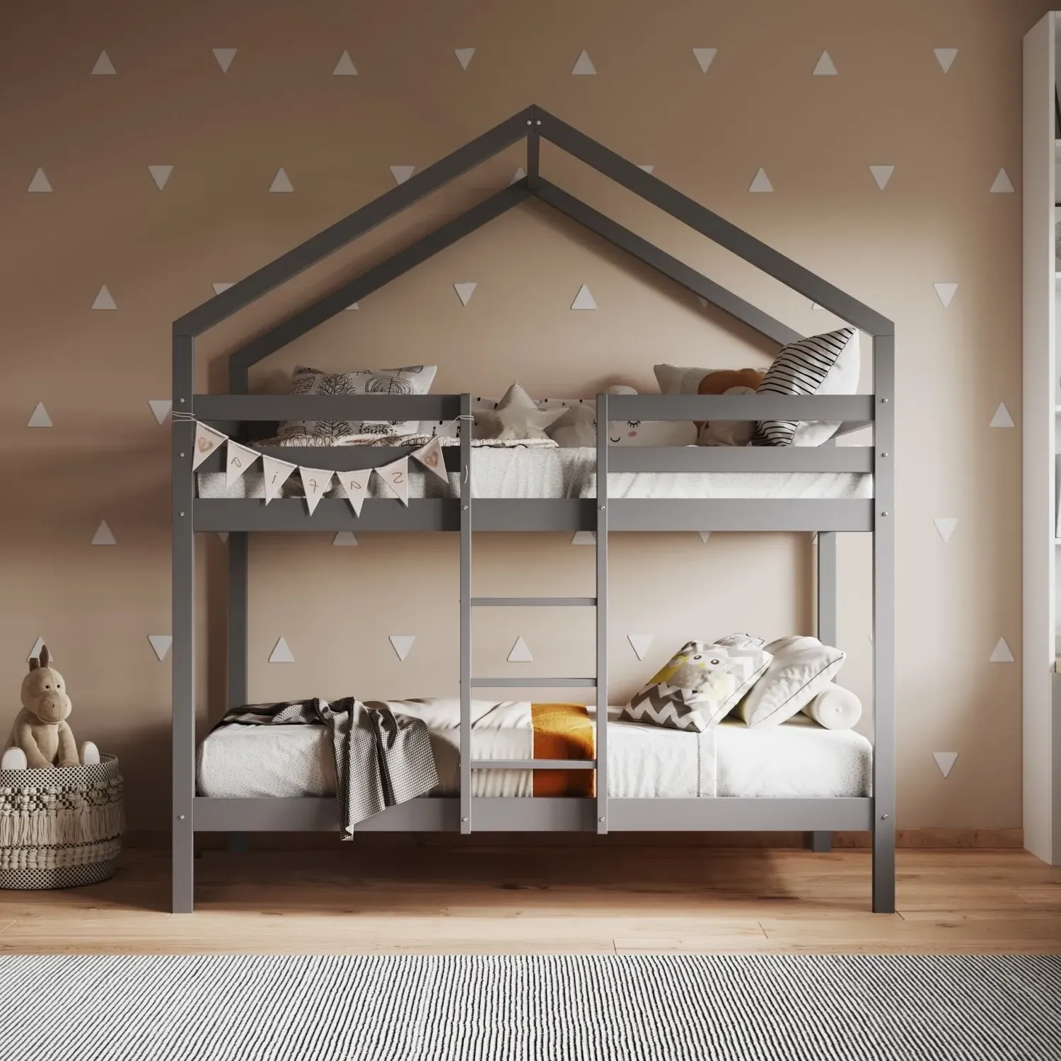 House Bunk Bed with Peaked Roof - Grey, Pine image