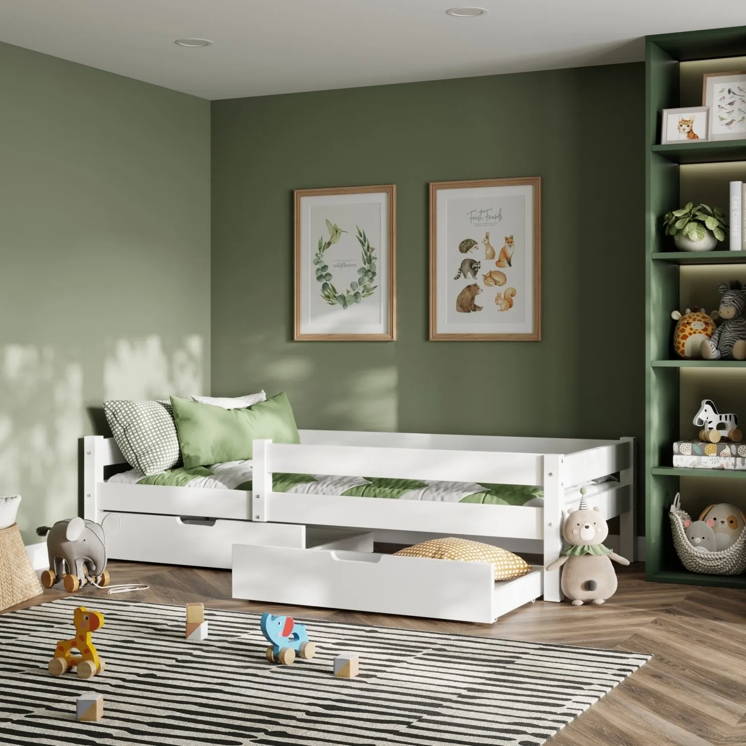 Single Bed with Storage Drawers - White, Pine