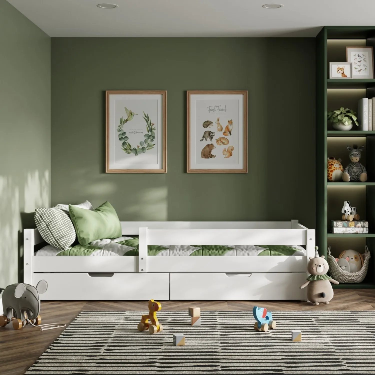 Single Bed with Storage Drawers - White, Pine