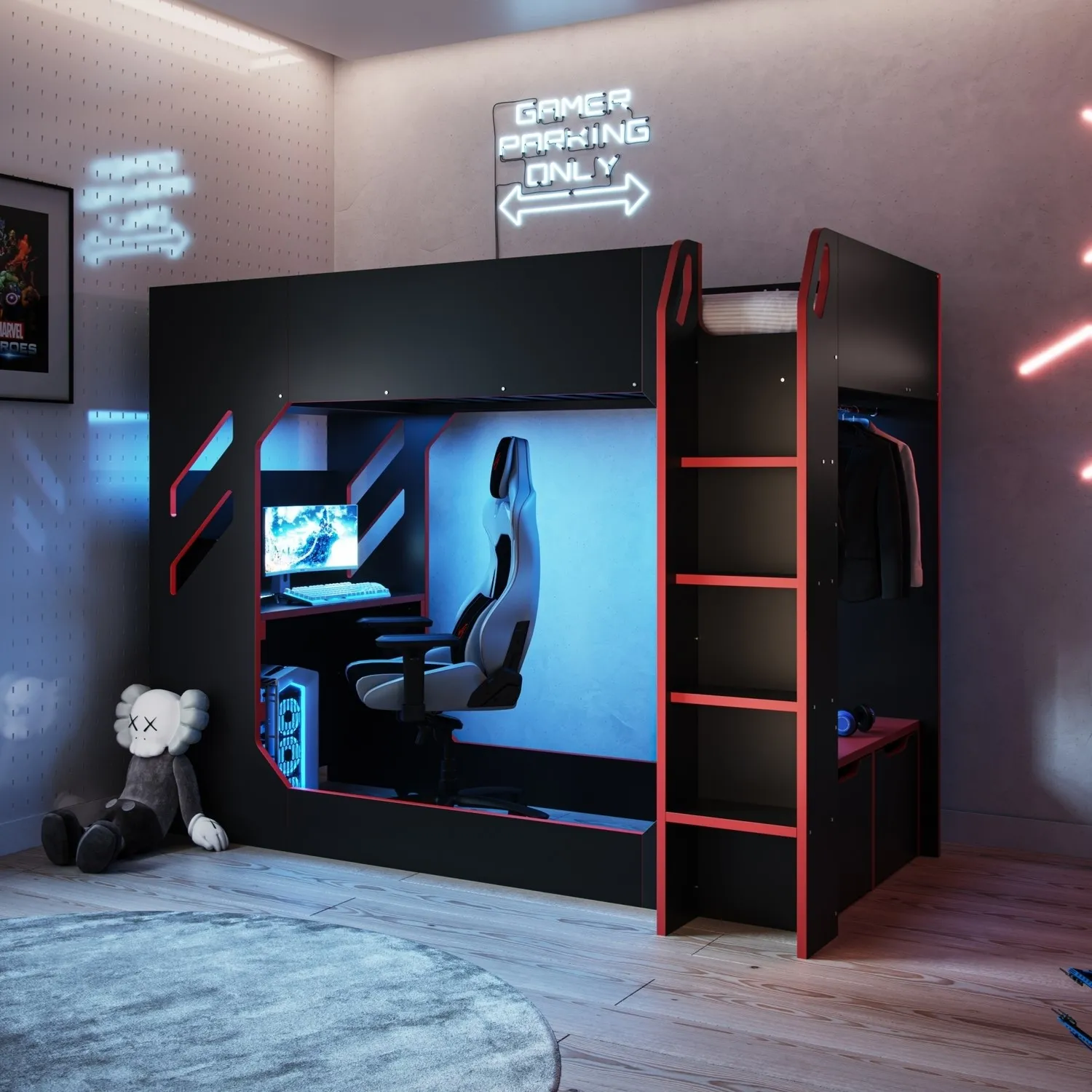 Single High Sleeper Bed with Desk - Black image