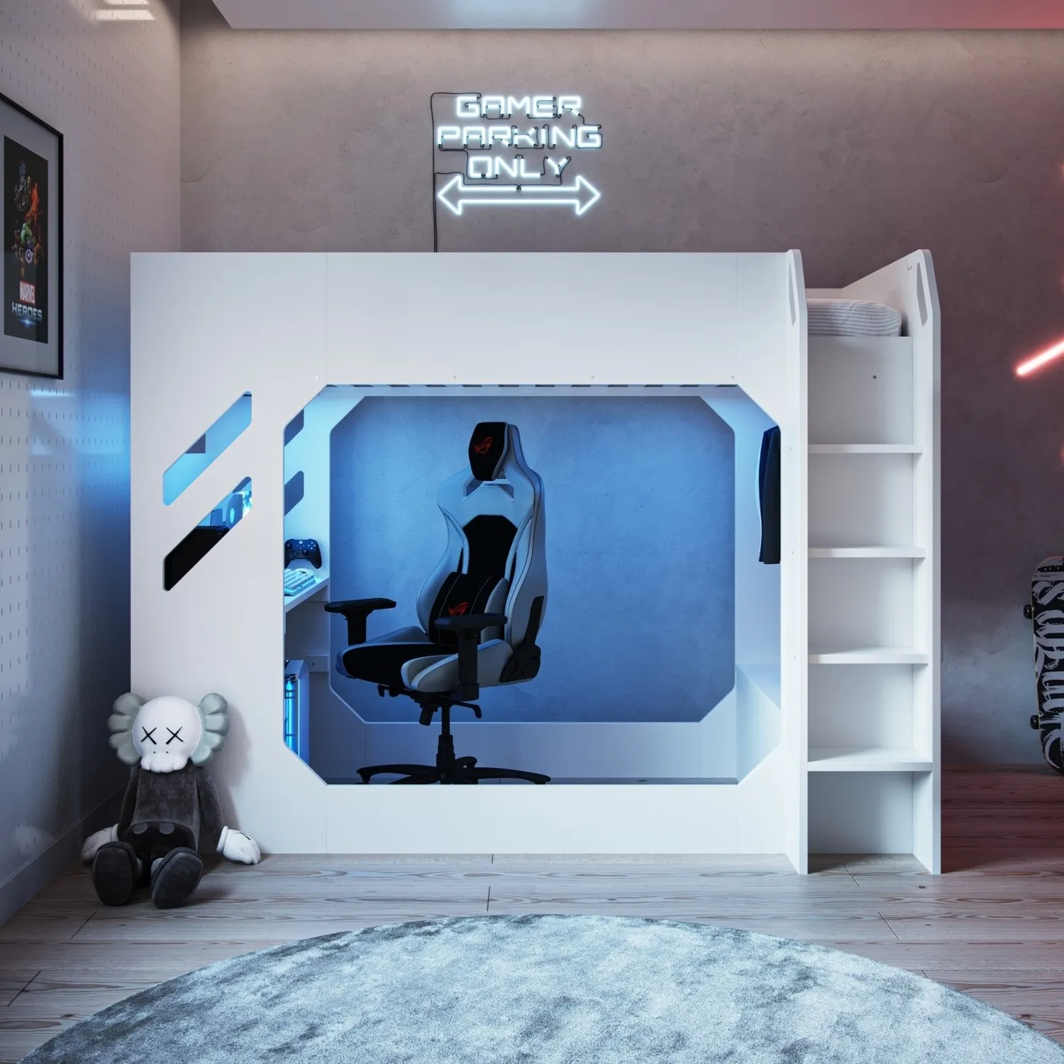 Single High Sleeper Bed with Desk - White