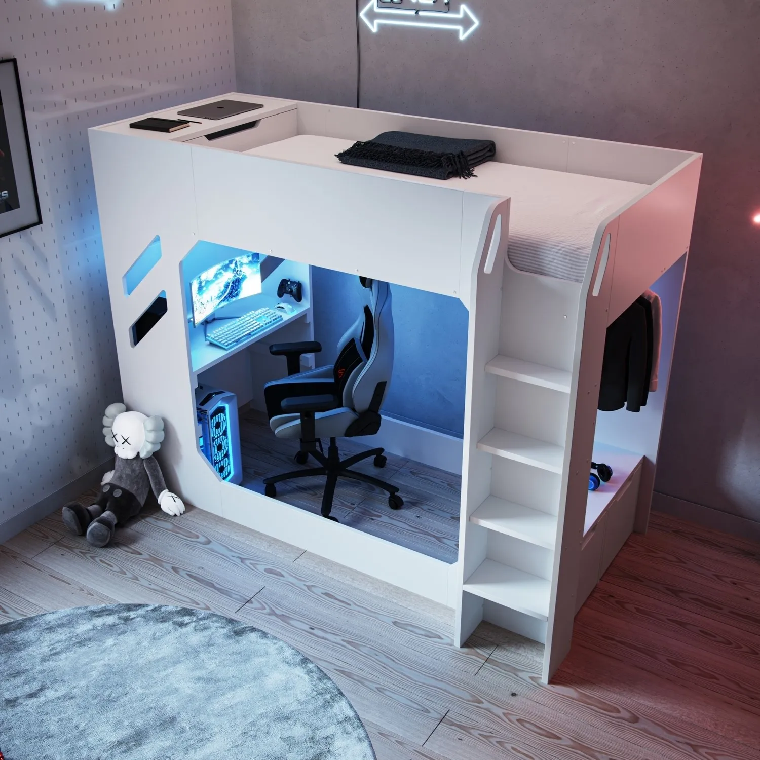 Single High Sleeper Bed with Desk - White
