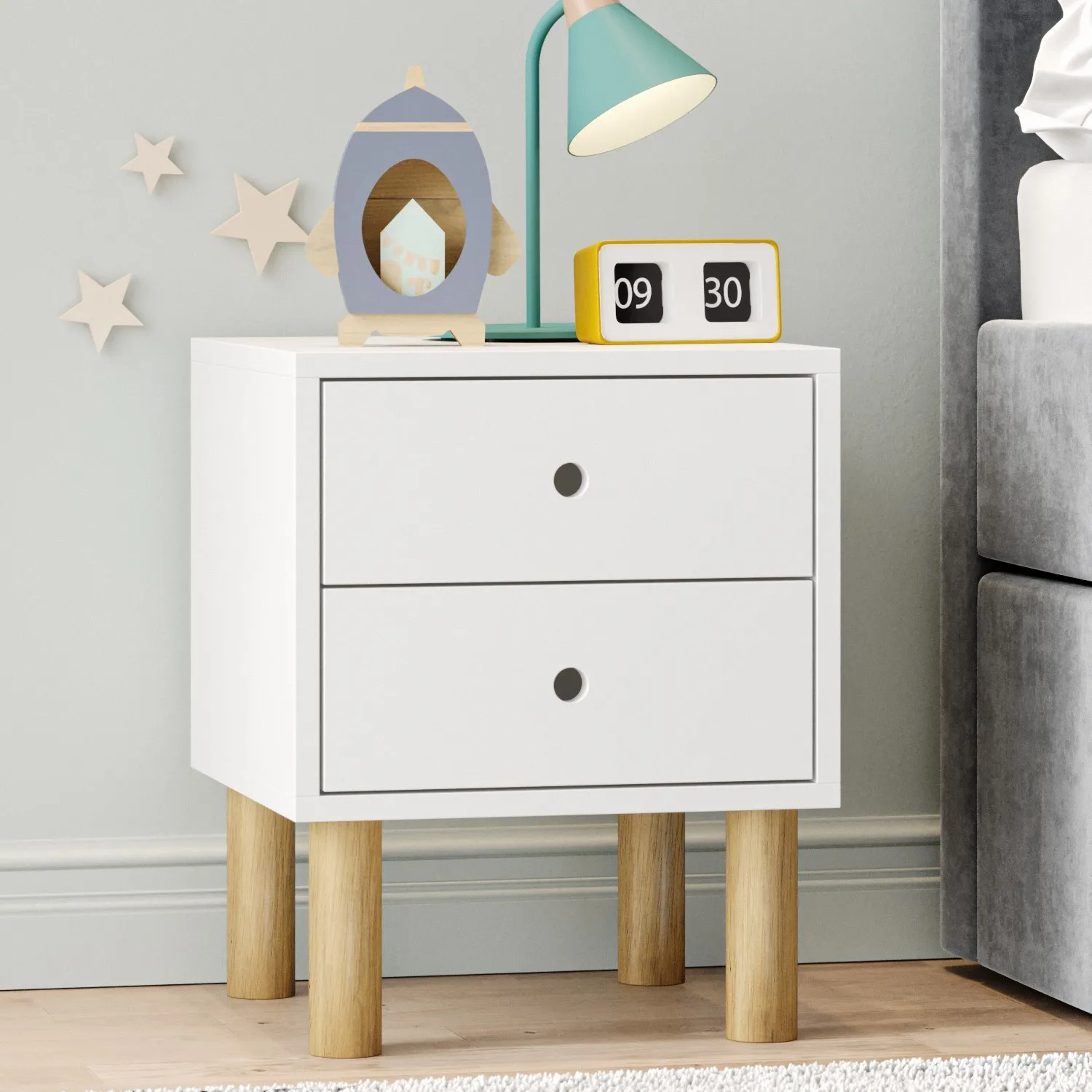 2 Drawer Bedside Table with Wooden Legs - White image