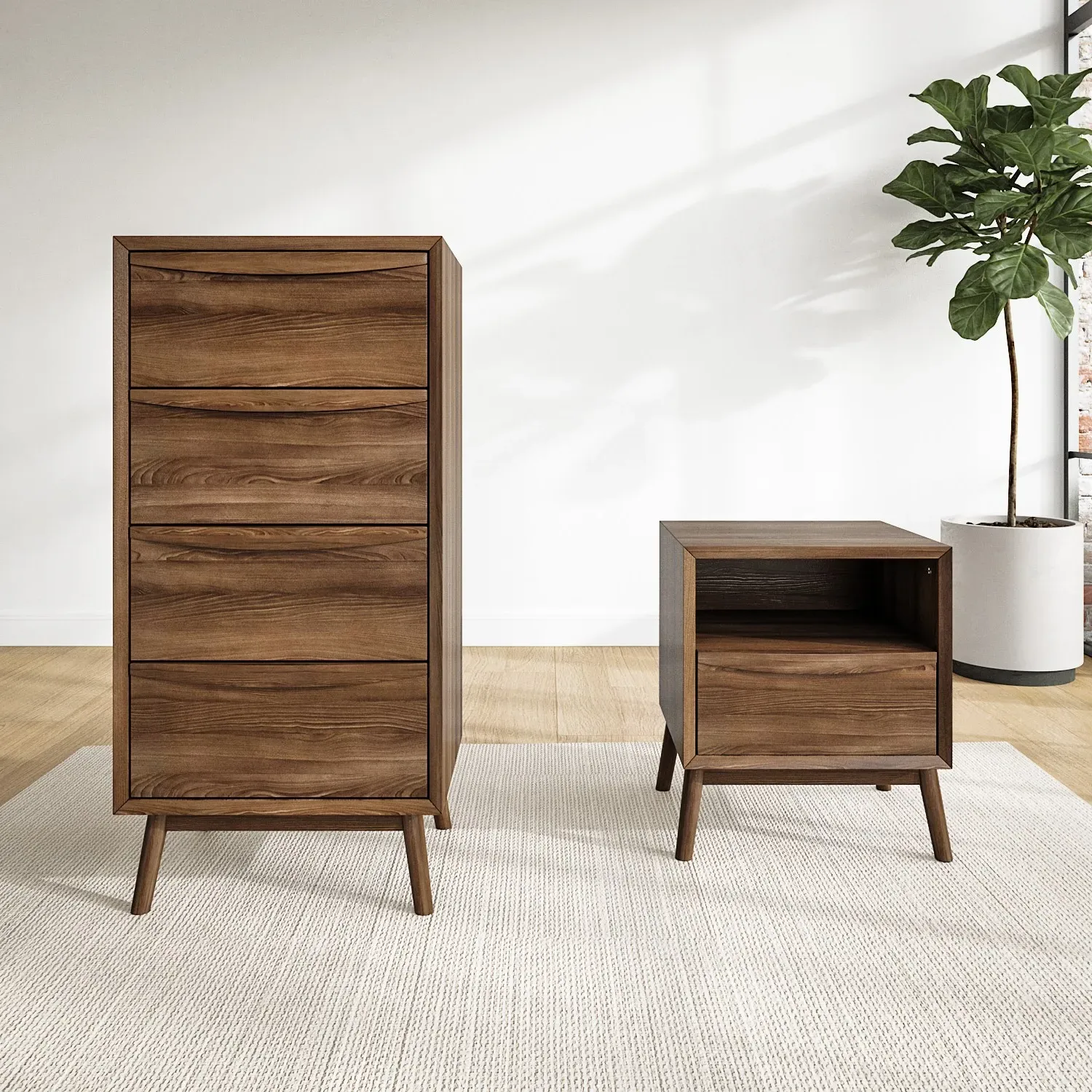 Bedside Table & Tall Chest Set - Walnut, Wood image