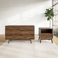 Bedside Table & Wide Chest Set - Walnut, Wood