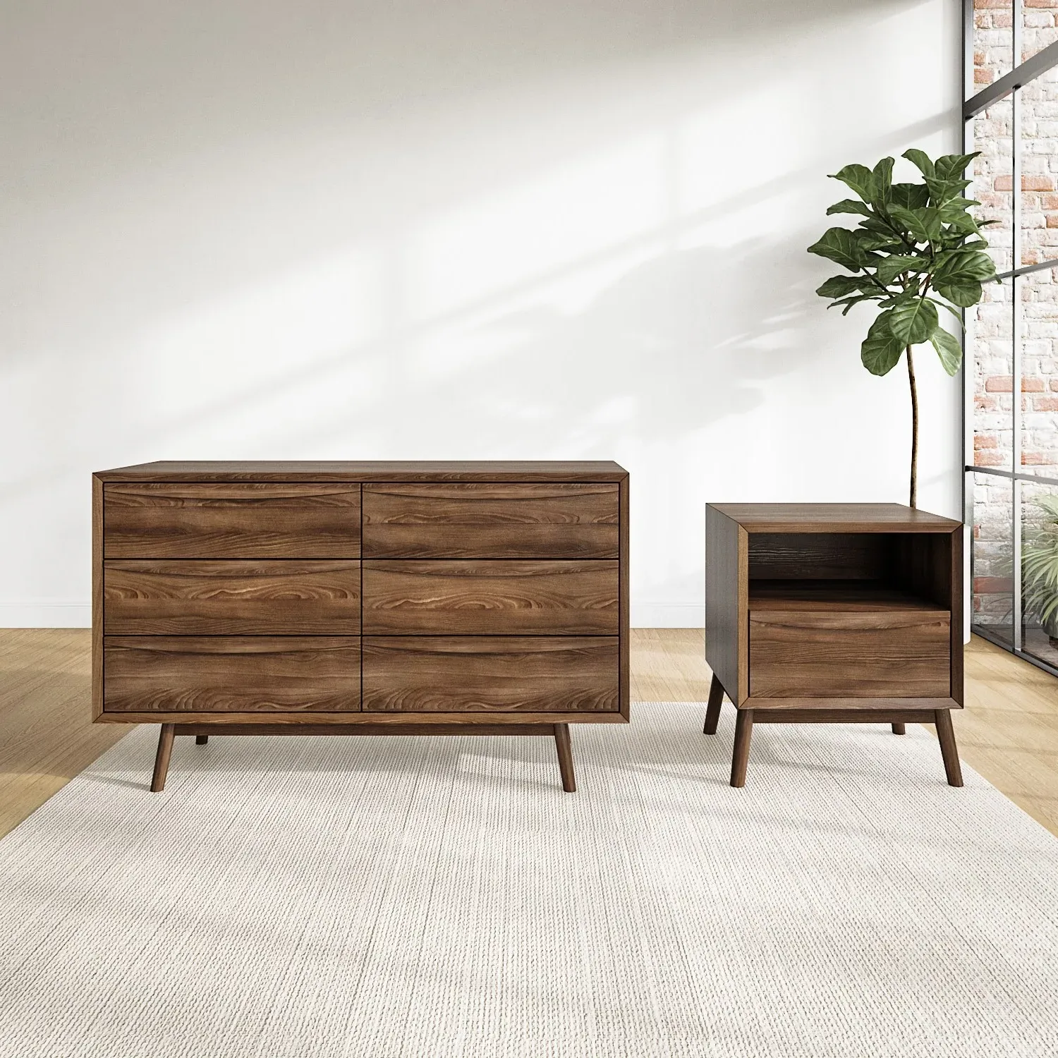 Bedside Table & Wide Chest Set - Walnut, Wood