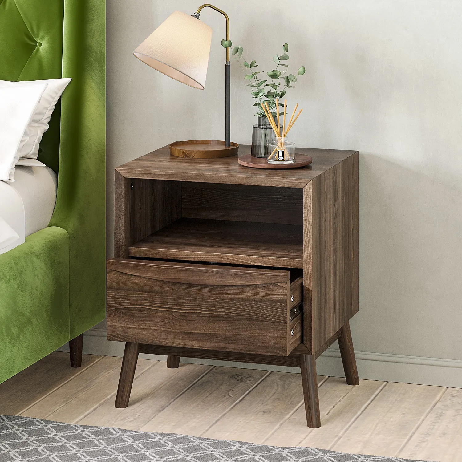Mid-Century Bedside Table with Drawer - Walnut, Wood
