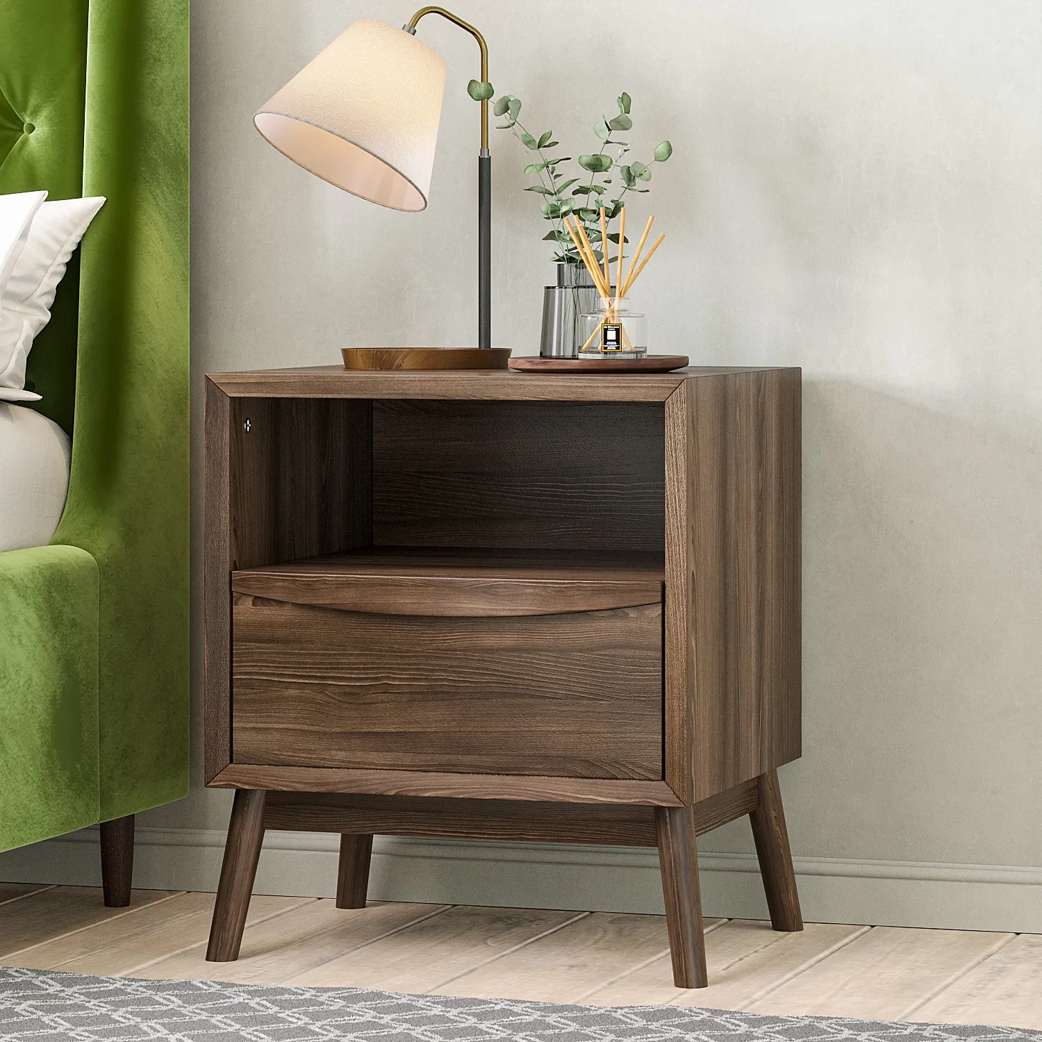Mid-Century Bedside Table with Drawer - Walnut, Wood image