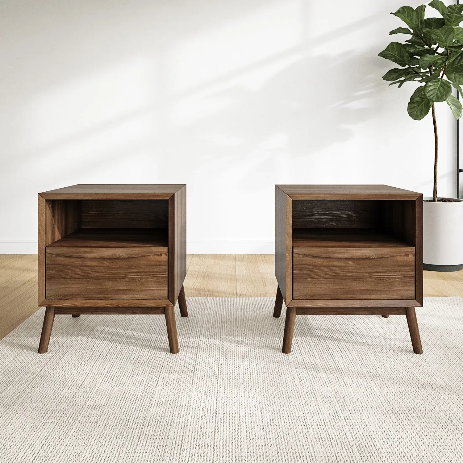Pair of Bedside Tables with Drawer - Walnut image