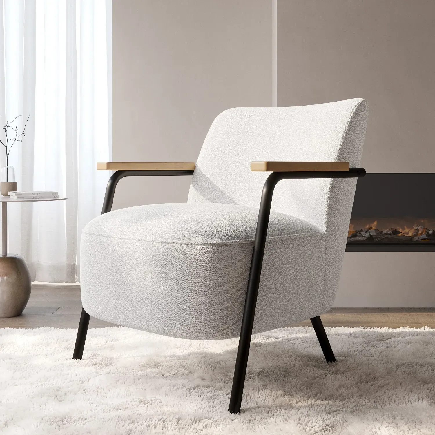 Scandi Armchair with Black Frame - Cream, Boucle