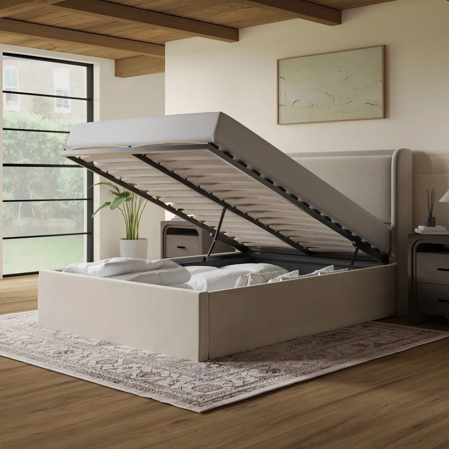 Double Ottoman Bed with Storage - Beige, Velvet
