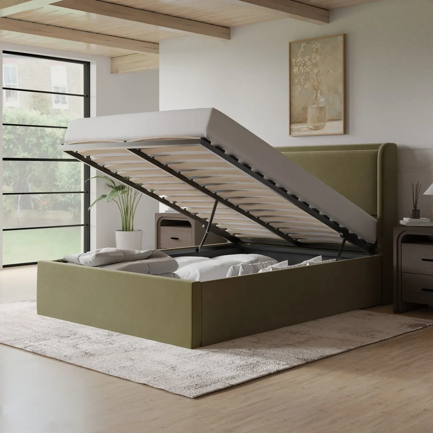 Double Ottoman Bed with Storage - Green, Velvet